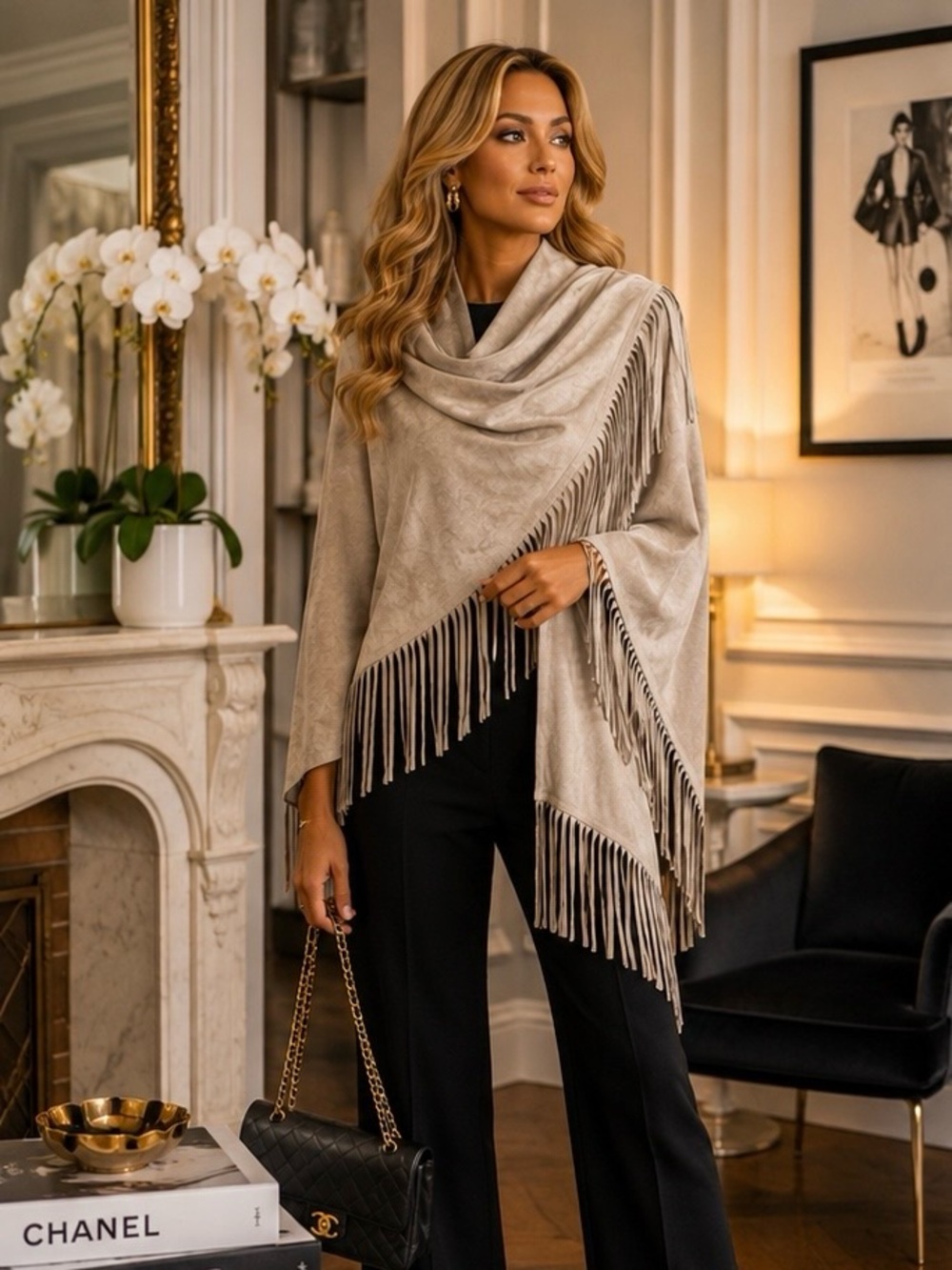 White House Black Market Taupe Fringe Shawl Wrap -NWT